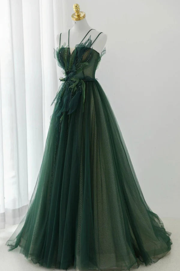 Wholesale Green Tulle Long A-Line Prom Dress Beautiful Spaghetti Straps Evening Dress